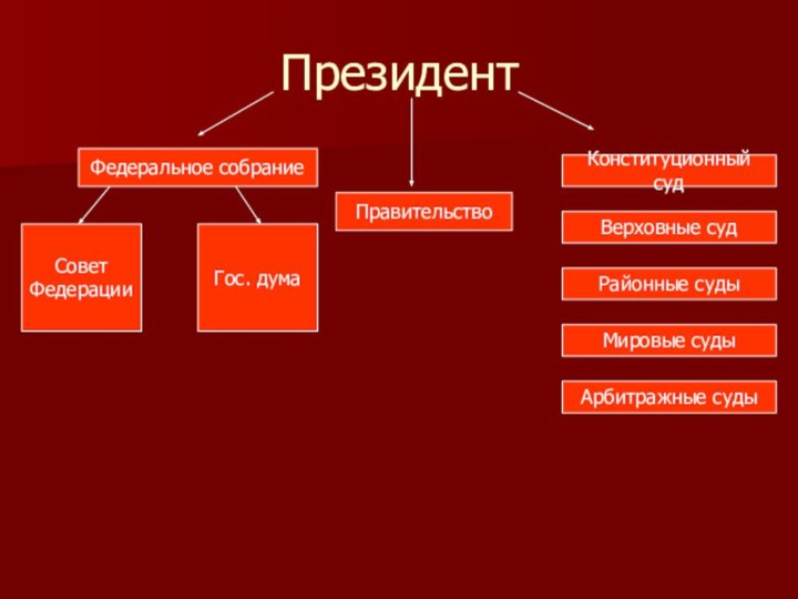 ПрезидентФедеральное собраниеСовет ФедерацииГос. думаПравительствоКонституционный судВерховные судРайонные судыМировые судыАрбитражные суды