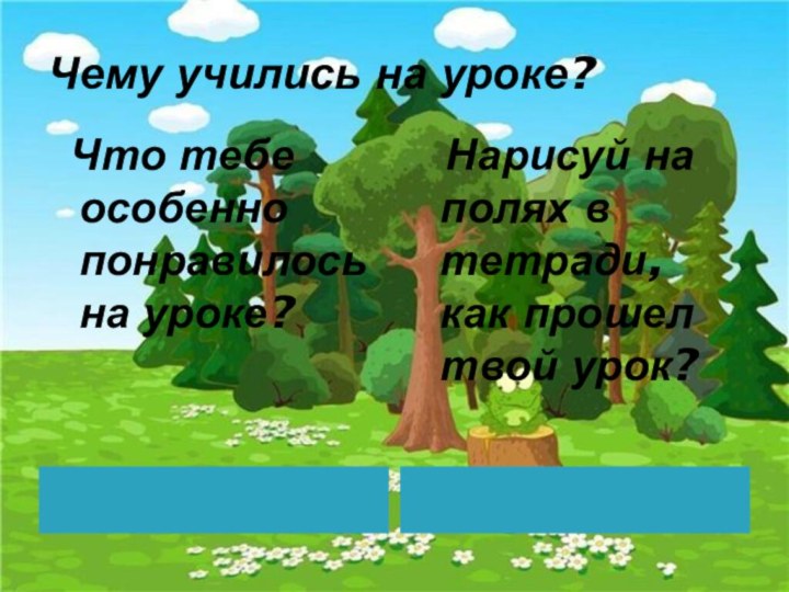 Чему учились на уроке? Что тебе особенно понравилось на уроке? Нарисуй на