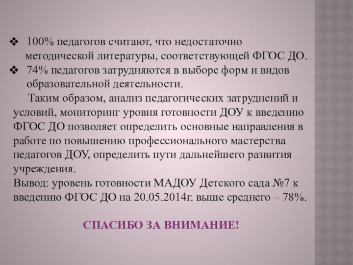 100% педагогов считают, что недостаточно   методической литературы, соответствующей ФГОС ДО.74%