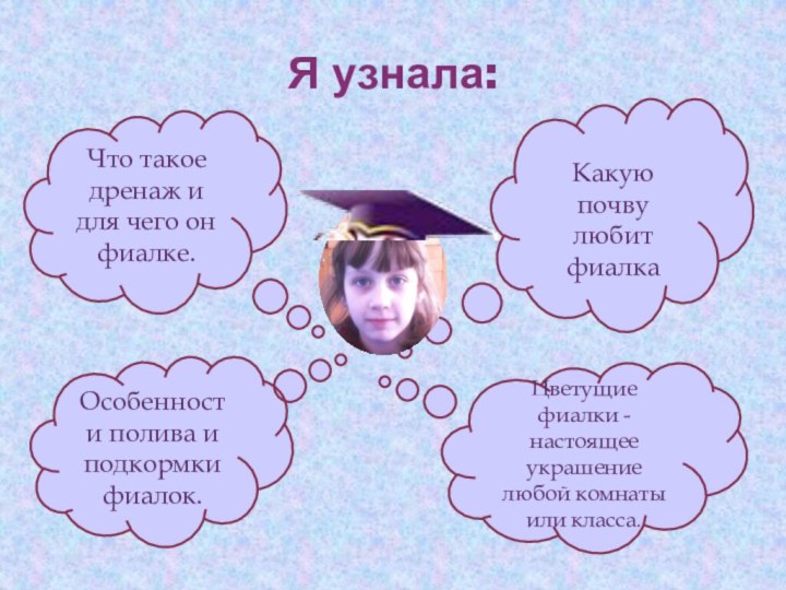 Я узнала:Что такое дренаж и для чего он фиалке.Какую почву любит фиалкаОсобенности