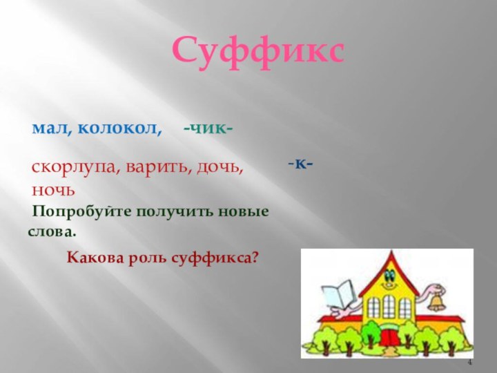 Суффикс-чик-мал, колокол, -к-скорлупа, варить, дочь, ночьКакова роль суффикса?  Попробуйте получить новые слова.