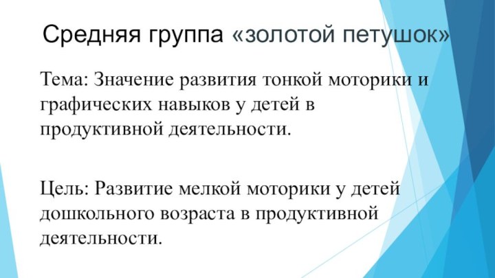 Средняя группа «золотой петушок»Тема: Значение развития тонкой моторики и графических навыков у детей в