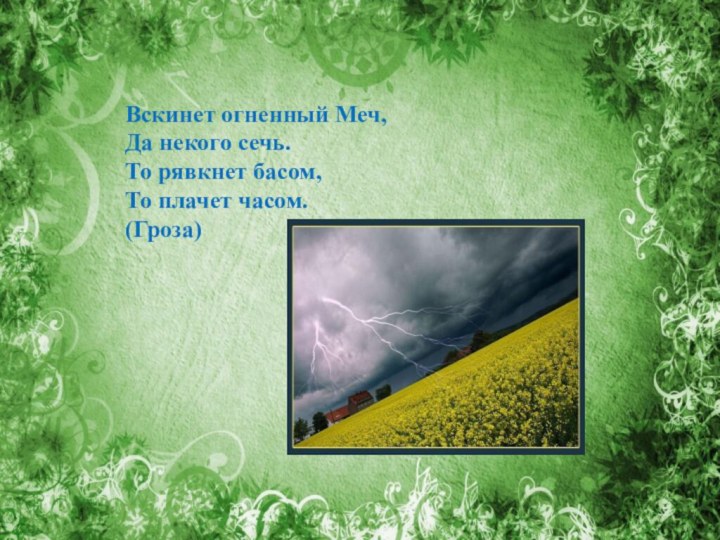 Вскинет огненный Меч, Да некого сечь. То рявкнет басом, То плачет часом.(Гроза)