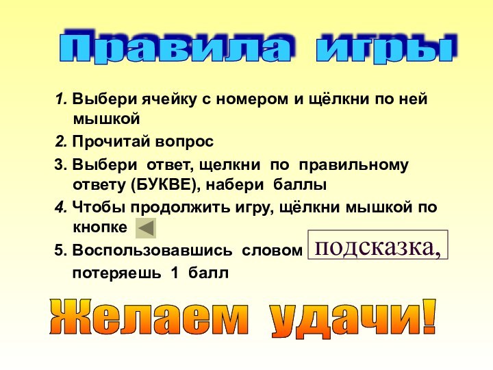 1. Выбери ячейку с номером и щёлкни по ней мышкой2. Прочитай вопрос3.