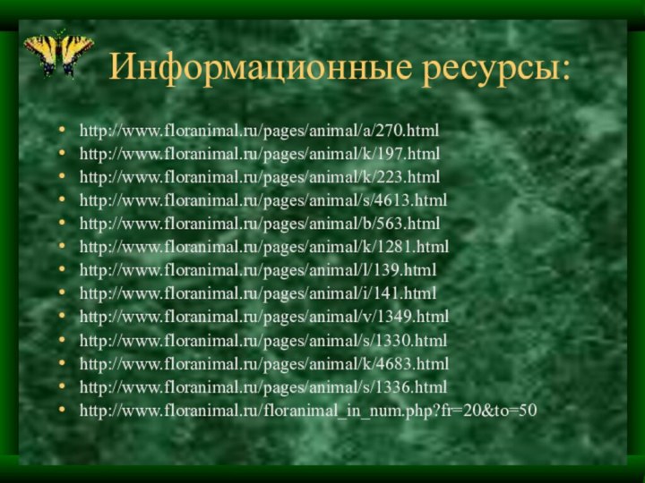 Информационные ресурсы:http://www.floranimal.ru/pages/animal/a/270.html http://www.floranimal.ru/pages/animal/k/197.htmlhttp://www.floranimal.ru/pages/animal/k/223.html http://www.floranimal.ru/pages/animal/s/4613.htmlhttp://www.floranimal.ru/pages/animal/b/563.html http://www.floranimal.ru/pages/animal/k/1281.htmlhttp://www.floranimal.ru/pages/animal/l/139.html http://www.floranimal.ru/pages/animal/i/141.html http://www.floranimal.ru/pages/animal/v/1349.html http://www.floranimal.ru/pages/animal/s/1330.html http://www.floranimal.ru/pages/animal/k/4683.html http://www.floranimal.ru/pages/animal/s/1336.htmlhttp://www.floranimal.ru/floranimal_in_num.php?fr=20&to=50