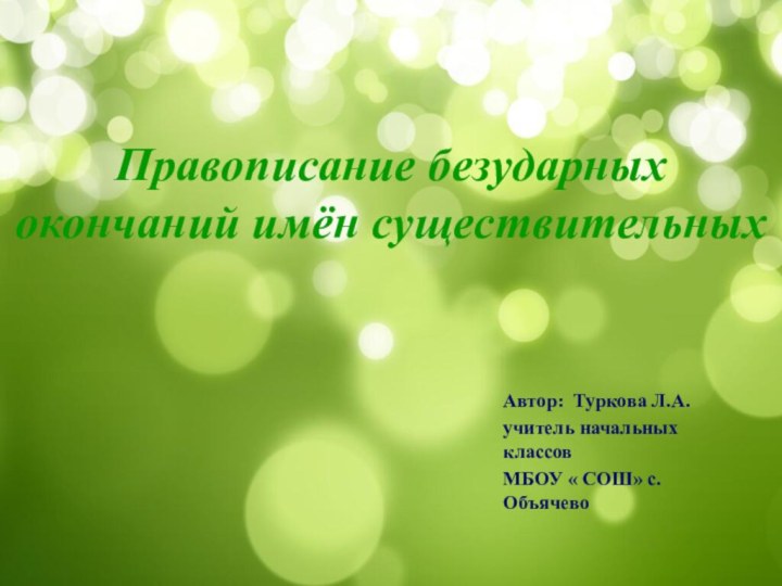 Правописание безударных окончаний имён существительныхАвтор: Туркова Л.А.учитель начальных классовМБОУ « СОШ» с. Объячево