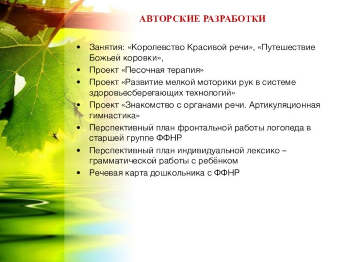 АВТОРСКИЕ РАЗРАБОТКИЗанятия: «Королевство Красивой речи», «Путешествие Божьей коровки», Проект «Песочная терапия»Проект «Развитие