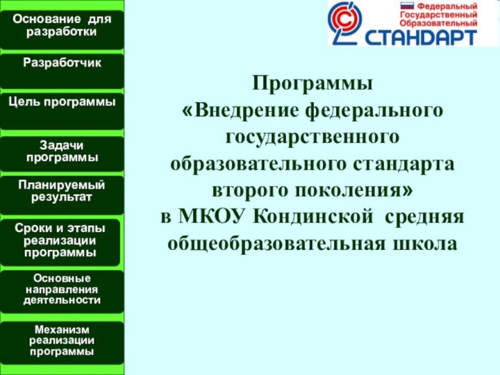 Основание для разработкиРазработчикЦель программыЗадачи программыПланируемый результатСроки и этапы реализации программы Основные направления