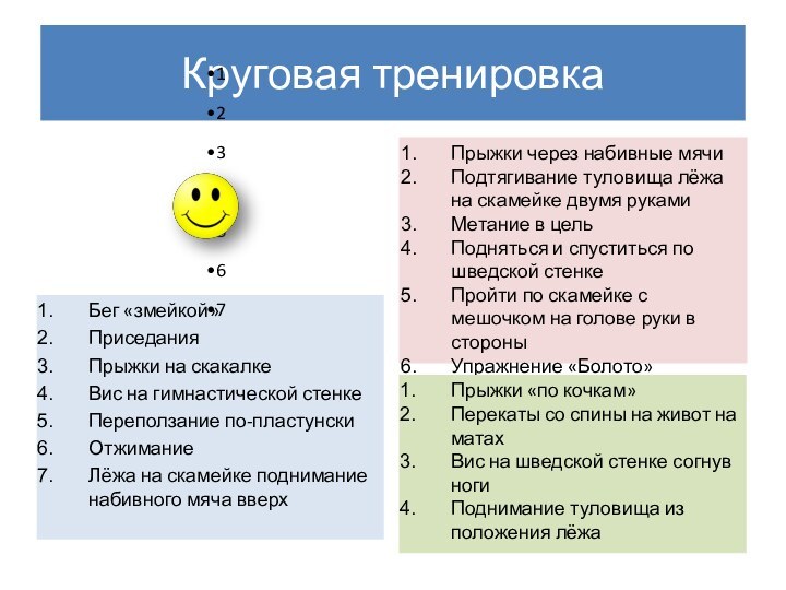 Круговая тренировкаБег «змейкой»ПриседанияПрыжки на скакалкеВис на гимнастической стенкеПереползание по-пластунскиОтжиманиеЛёжа на скамейке поднимание