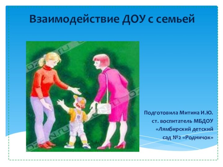 Взаимодействие ДОУ с семьей Подготовила Митина И.Ю.ст. воспитатель МБДОУ «Лямбирский детскийсад №2 «Родничок»