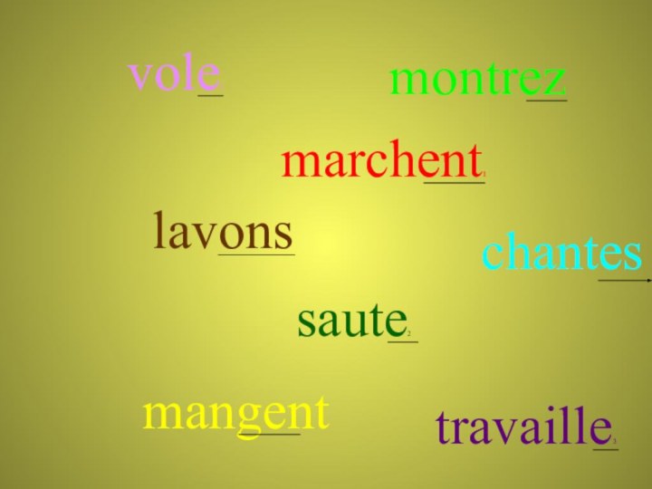 vole1 travaille3chantes lavons mangentmarchent1saute2 montrez je tu il elle nous vous ils elles