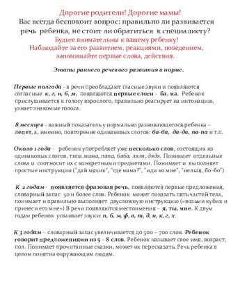 Этапы раннего речевого развития в норме. статья