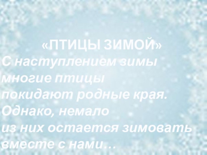 «ПТИЦЫ ЗИМОЙ»С наступлением зимы многие