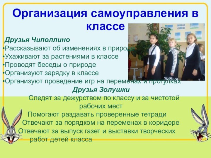 Организация самоуправления в классеДрузья ЧиполлиноРассказывают об изменениях в природе Ухаживают за растениями