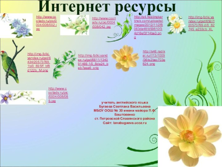 Интернет ресурсыhttp://www.coollady.ru/pic/0004/008/002.jpghttp://www.coollady.ru/pic/0004/008/042.jpghttp://s4.hostingkartinok.com/uploads/images/2012/11/2f8063da48fd59810f34d16ef3f14be3.pnghttp://img-fotki.yandex.ru/get/6507/20573769.d/0_82745_e233cb_XLhttp://img-fotki.yandex.ru/get/6434/20573769.1b/0_895ff_bf8d122b_M.pnghttp://img-fotki.yandex.ru/get/6611/134091466.1/0_8de24_beb7aea6_orighttp://www.coollady.ru/pic/0004/008/085.jpghttp://s46.radikal.ru/i113/1009/36/e2bec703e824.pngучитель английского языкаБугаева Светлана ВасильевнаМБОУ ООШ № 30 имени майора П.Ф.Баштовенкост.