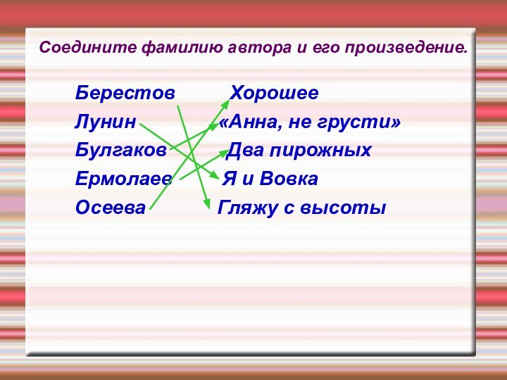 Соедините фамилию автора и его произведение.Берестов     ХорошееЛунин