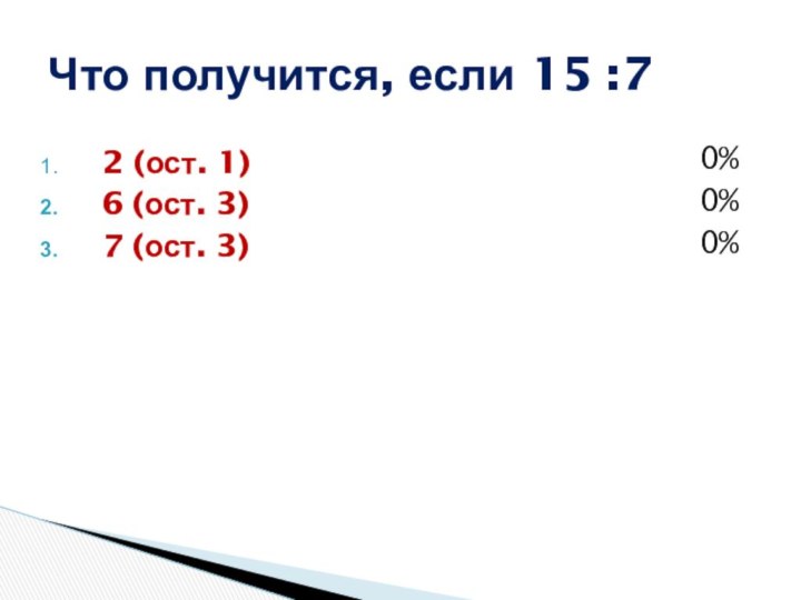 Что получится, если 15 :7 2 (ост. 1) 6 (ост. 3) 7 (ост. 3)0%0%0%