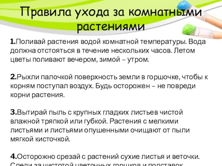 Правила ухода за комнатными растениями1.Поливай растения водой комнатной температуры. Вода должна отстояться