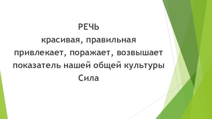 РЕЧЬкрасивая, правильнаяпривлекает, поражает, возвышаетпоказатель нашей общей культурыСила