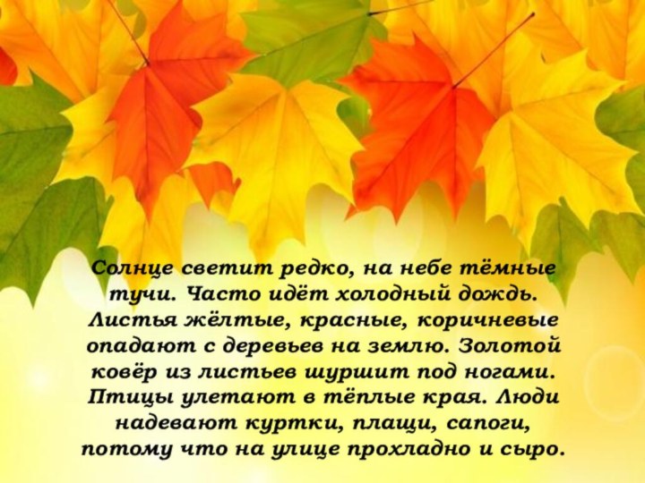 Солнце светит редко, на небе тёмные тучи. Часто идёт холодный дождь. Листья