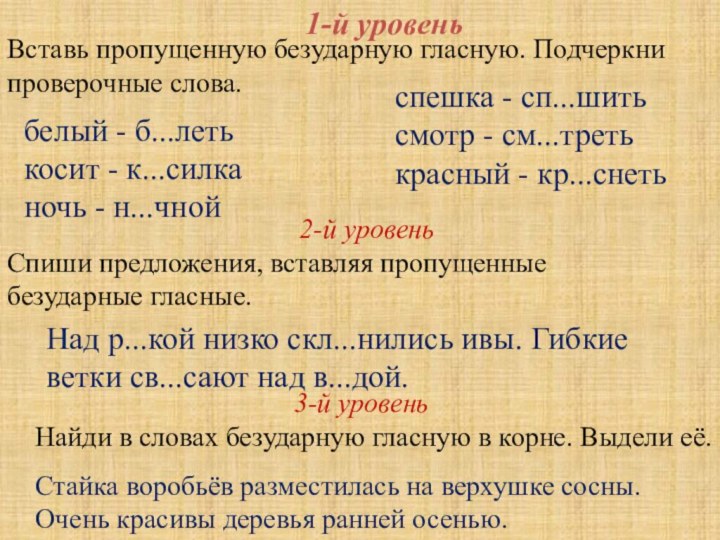 1-й уровень2-й уровень3-й уровеньВставь пропущенную безударную гласную. Подчеркни проверочные слова.Спиши предложения, вставляя