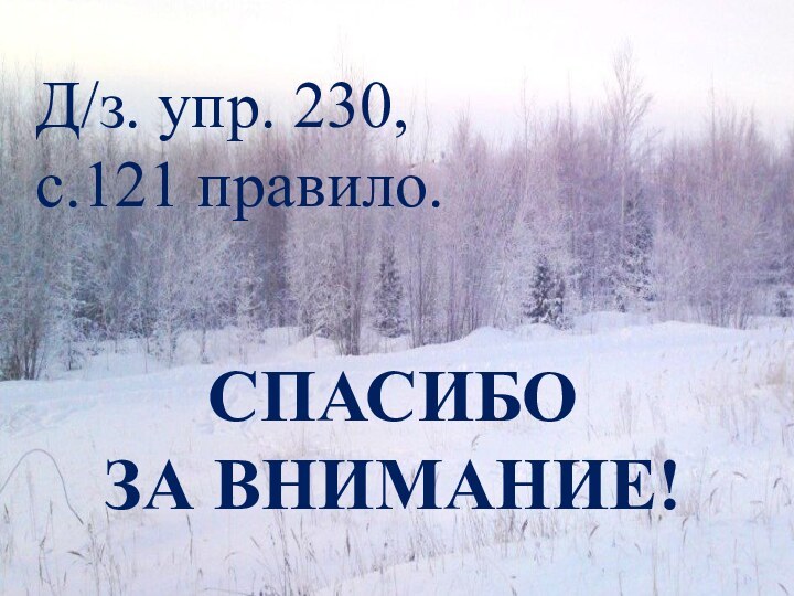 СПАСИБО ЗА ВНИМАНИЕ!Д/з. упр. 230, с.121 правило.