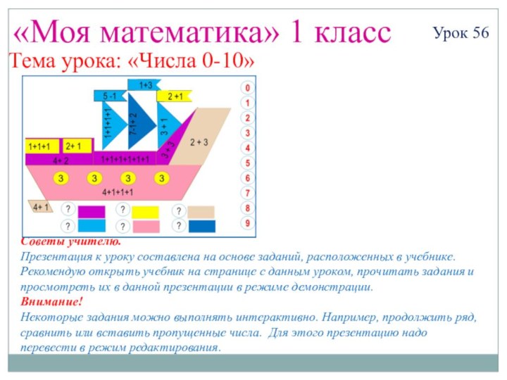 «Моя математика» 1 классУрок 56Тема урока: «Числа 0-10»Советы учителю.Презентация к уроку составлена