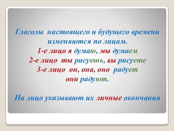 Глаголы настоящего и будущего времени изменяются по лицам. 1-е лицо я думаю,