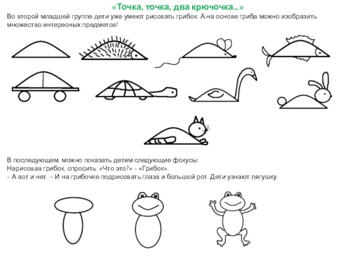 «Точка, точка, два крючочка…»Во второй младшей группе дети уже умеют рисовать грибок.