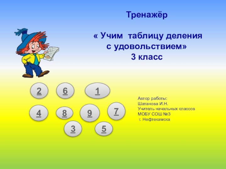 249861735Тренажёр « Учим таблицу деления с удовольствием»3 классАвтор работы:Шатанова И.Н.Учитель начальных классовМОБУ СОШ №3 г. Нефтекамска