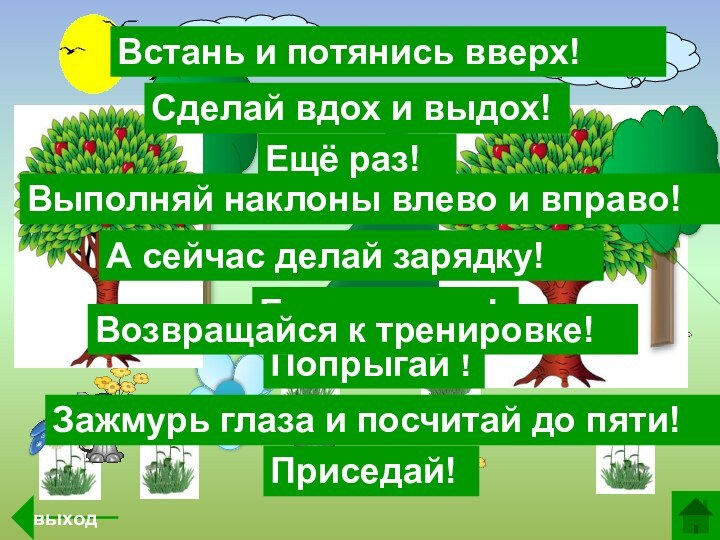 А сейчас делай зарядку!Встань и потянись вверх!Выполняй наклоны влево и вправо!Зажмурь глаза