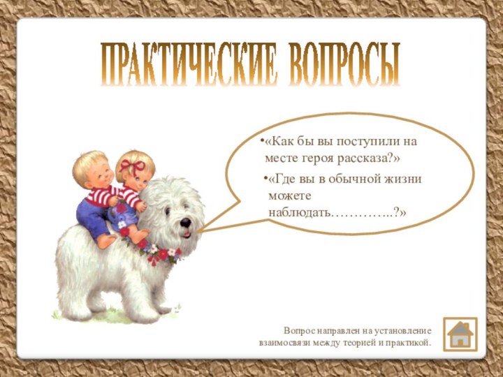 Вопрос направлен на установление взаимосвязи между теорией и практикой.ПРАКТИЧЕСКИЕ ВОПРОСЫ«Как бы вы