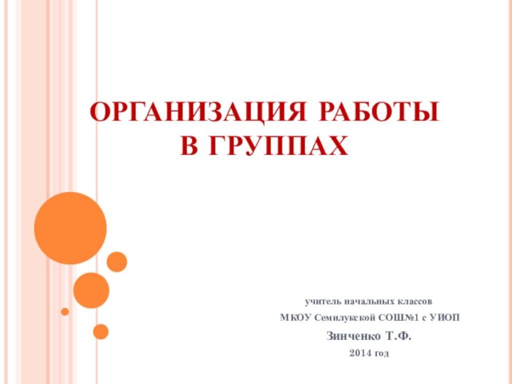 ОРГАНИЗАЦИЯ РАБОТЫ  В ГРУППАХучитель начальных классов МКОУ Семилукской СОШ№1 с УИОПЗинченко Т.Ф.2014 год