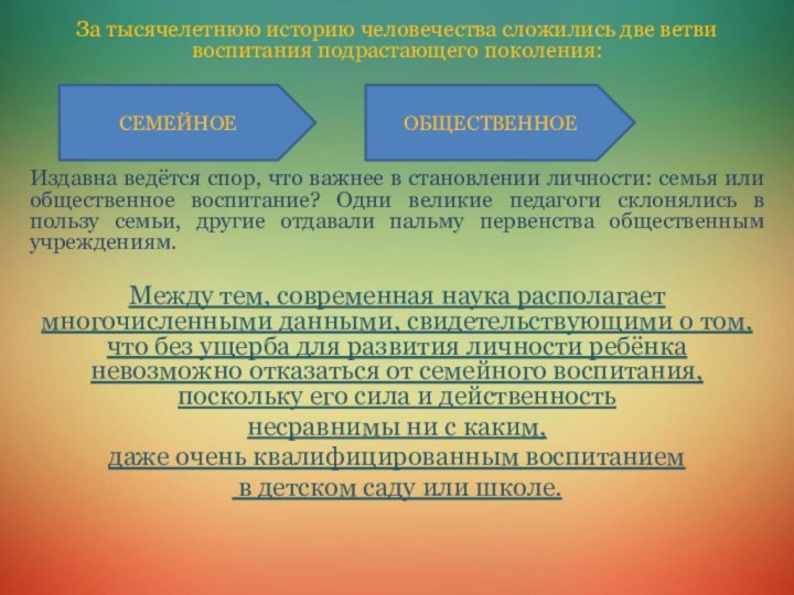 За тысячелетнюю историю человечества сложились две ветви воспитания подрастающего поколения:Издавна ведётся спор,