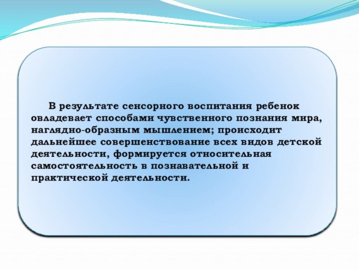 В результате сенсорного воспитания ребенок овладевает способами чувственного познания мира, наглядно-образным мышлением;