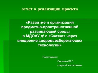 Проект Развитие и организация предметно-пространственной развивающей среды МДОБУ д\ с Солнышко в рамках ФГОС ДО проект по теме