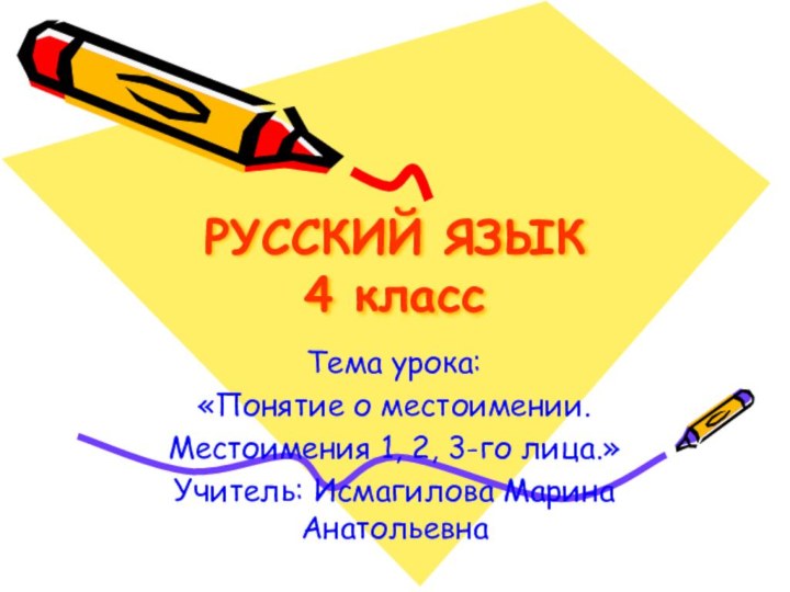 РУССКИЙ ЯЗЫК  4 классТема урока: «Понятие о местоимении.Местоимения 1, 2, 3-го