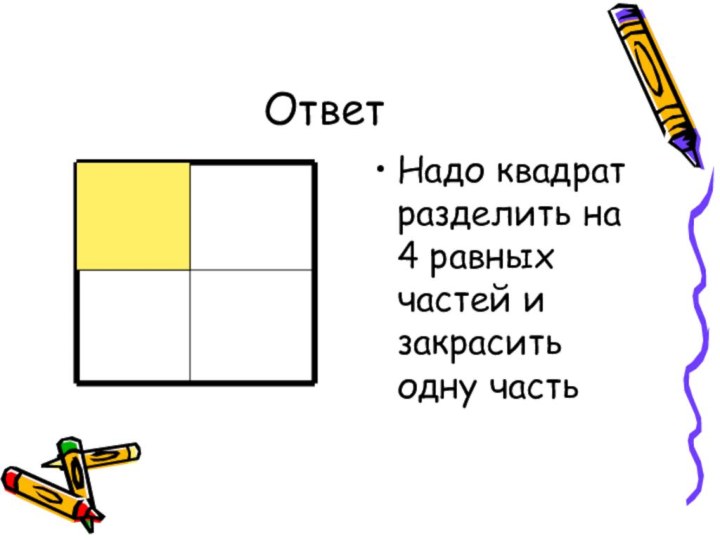 Ответ Надо квадрат разделить на 4 равных частей и закрасить одну часть