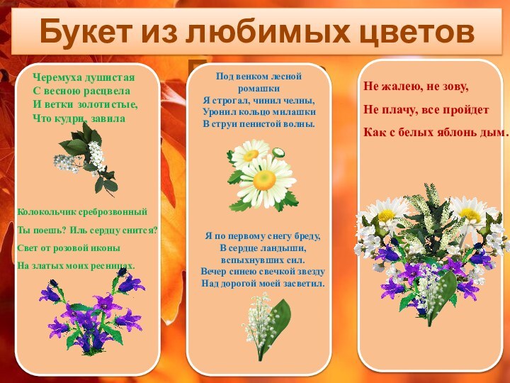 Букет из любимых цветов ЕсенинаЧеремуха душистая С весною расцвела И ветки золотистые,