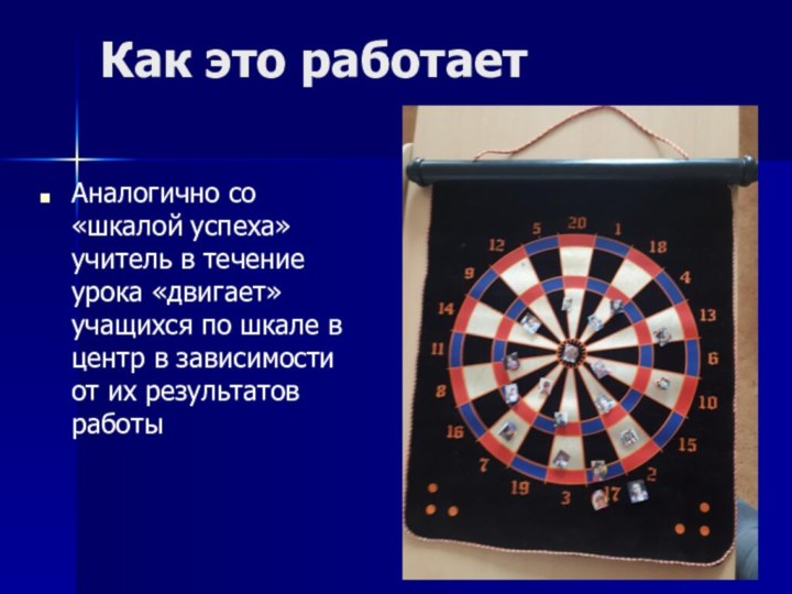 Как это работает Аналогично со «шкалой успеха» учитель в течение урока «двигает»