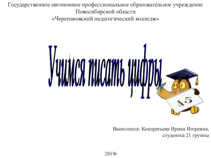 Учимся писать цифры Государственное автономное профессиональное образовательное учреждение Новосибирской области«Черепановский педагогический колледж»Выполнила: