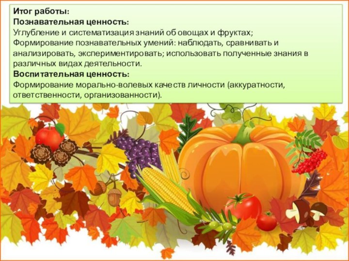 Итог работы:Познавательная ценность:Углубление и систематизация знаний об овощах и фруктах;Формирование познавательных умений: