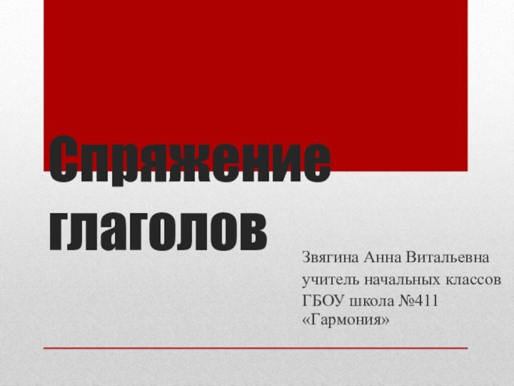 Спряжение глаголовЗвягина Анна Витальевнаучитель начальных классовГБОУ школа №411 «Гармония»