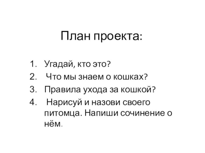 План проекта:Угадай, кто это? Что мы знаем о кошках?Правила ухода за кошкой?