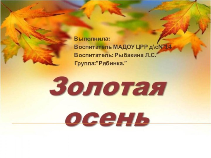 Выполнила: Воспитатель МАДОУ ЦРР д\с№14Воспитатель: Рыбакина Л.С.Группа:”Рябинка.”