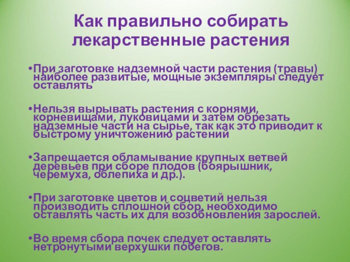 Как правильно собирать лекарственные растения При заготовке надземной части растения (травы) наиболее