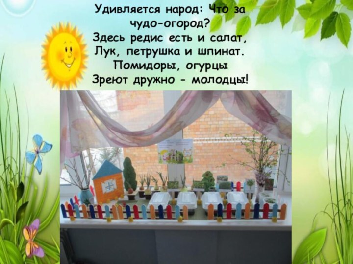 Удивляется народ: Что за чудо-огород?  Здесь редис есть и салат,  Лук, петрушка