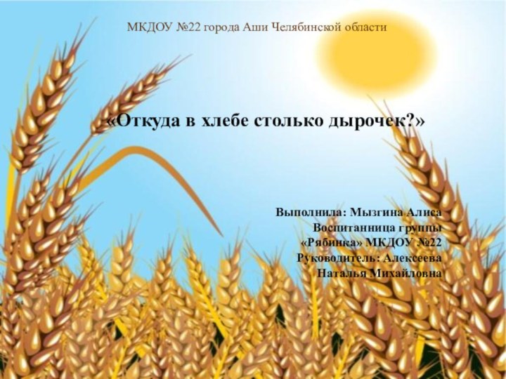 МКДОУ №22 города Аши Челябинской областиВыполнила: Мызгина АлисаВоспитанница группы «Рябинка» МКДОУ №22Руководитель: