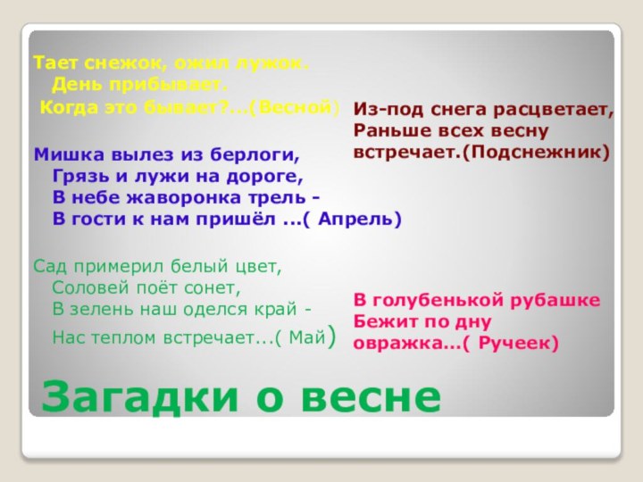 Загадки о веснеТает снежок, ожил лужок. День прибывает. Когда это бывает?...(Весной)Мишка вылез