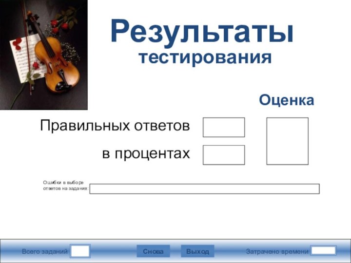Всего заданийЗатрачено времениСноваВыходПравильных ответовв процентахОценкаРезультаты  тестированияОшибки в выборе ответов на задания: